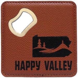metal coaster/bottle opener wrapped in brown leather with Happy Valley graphic